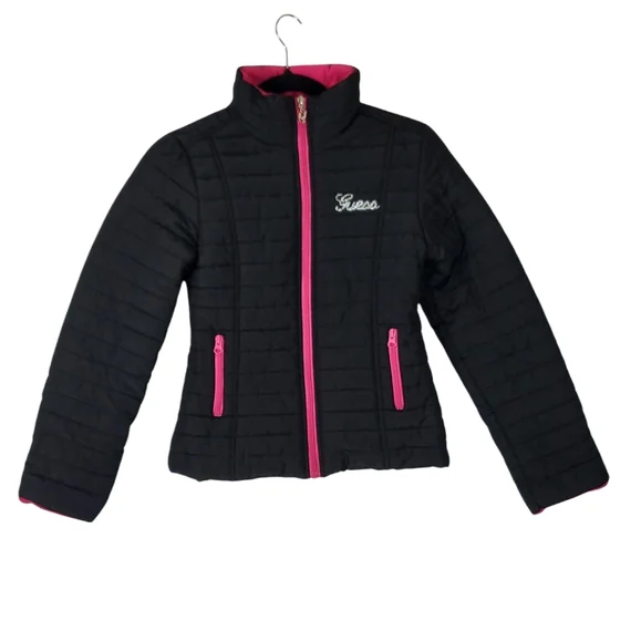 G by Guess Kids Black and Pink Puffer Jacket - Picture 1 of 11